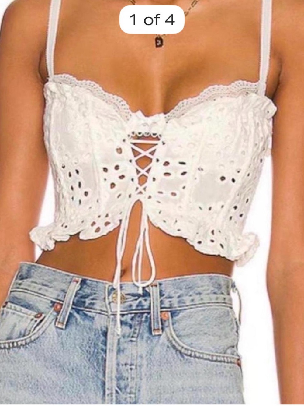 For Love & Lemons White Eyelet Lace-Up Cropped Cami